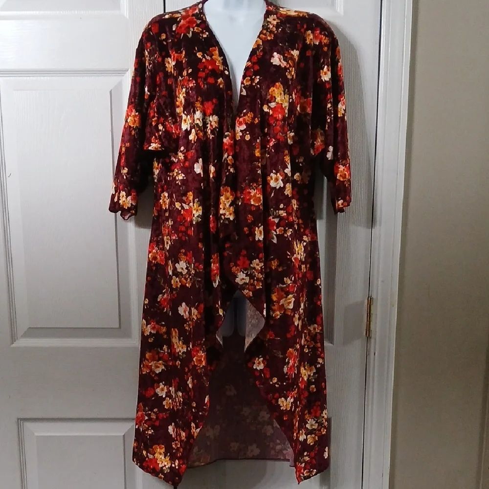 LuLaRoe Shirley Velvet Floral cardigan duster Kimono Burgundy Sz S NWOT